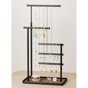 Jewelry Holder Organizer Stand - Adjustable Tall 17.5" (Max), Sturdy Jewelry Hanger for Necklaces, Earrings, Bracelets, Rings, Jewlery Display and Storage, Black, Metal