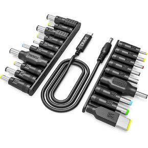 19pcs Laptop Adapter Kit for Crave PowerPack [USB-C to DC Cable + 19 adapters] for Acer, Asus, Lenovo, Fujitsu, Toshiba, DELL, HP, Compaq, Samsung, BenQ, Sony, IBM