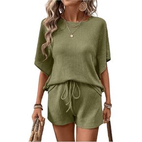 MakeMeChic Women's 2 Piece Outfits Half Sleeve Round Neck Tee Tops with Shorts Sets Tracksuit