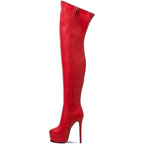 Women Thigh High Over The Knee Boot Red High Heels Sexy Exotic Platform Rounded Toe Faux Leather Shoes
