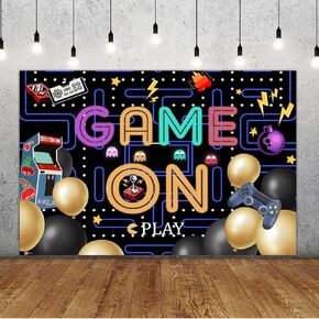 Lofaris Game On Backdrop Video Game Boys Birthday Photography Background Colorful Lights Party Supplies Kids Adults Gaming Party Decorations Baby Shower Cake Table Photo Booth 5x3ft