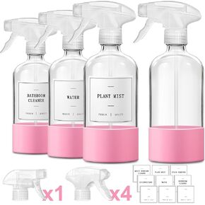 GMISUN Glass Spray Bottles for Cleaning, Spray Bottles for Cleaning Solutions 16oz, Reusable Spray Bottle for Plants, 4Pack Clear Cleaning Spray Bottle - 4 No Leak Nozzles, Silicone Sleeve, Labels