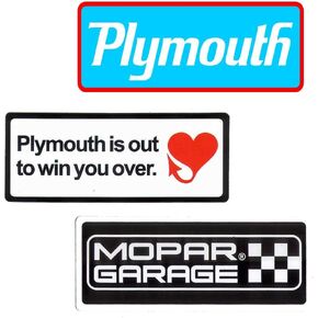 Mopar & Plymouth Vinyl Stickers 3 Pieces "Mopar Garage", 1969-94 Plymouth Logo", Plymouth is out to win You over""