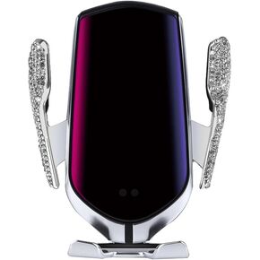 حامل هاتف السيارة eing Bling، حامل الهاتف الخلوي للسيارة، شاحن سيارة USB لاسلكي، حامل هاتف على شكل كأس لوحة القيادة، شاحن سريع التثبيت التلقائي متوافق مع iPhone Xs Max XR X 8 - فضي