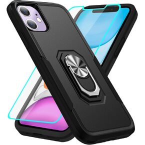 HNHYGETE for iPhone 11 Phone Case with Screen Protector: Shockproof Military-Grade Heavy Duty with Ring Kickstand Phone Case for - iPhone 11 Black