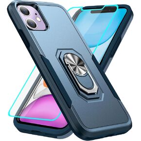 HNHYGETE for iPhone 11 Phone Case with Screen Protector: Shockproof Military-Grade Heavy Duty with Ring Kickstand Phone Case for - iPhone 11 Black