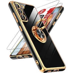 LeYi for Samsung Galaxy S21 FE 5G Case: with Tempered Glass Screen Protector [2 Pack] 360° Rotatable Ring Holder Magnetic Kickstand, Plating Rose Gold Edge Protective Case, Black