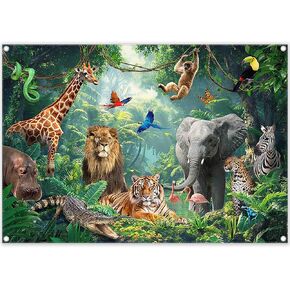 ZTHMOE Fabric 7x5ft Jungle Forest Animals Photography Backdrop Tropical Rainforest Safari Background Wild Party Decorations Kids Event Photo Banner Props