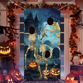 Halloween Door Decorations Halloween Photo Hole in Face Skeleton Photo Prop Backdrop Halloween Skull Photography Background for Halloween Party Skeleton Theme Party Supplies Decor, 70.9 x 35.4 Inches