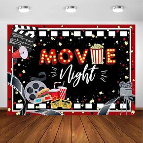 Avezano Movie Night Party Backdrop Black and Red Movie Theme Party Decorations Hollywood Party Photoshoot Background Banner Supplies (7x5ft)