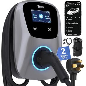 Tera لشاحن سيارة Tesla الكهربائية (EV): المستوى 2 J1772 2024 تمت ترقيته ومعتمد من ETL 48A مع أمبيرات الإعداد اليدوي والجدول الزمني على الوحدة 240 فولت - ضمان 5 سنوات - كابل 25 قدم NEMA 14-50P W01 فضي