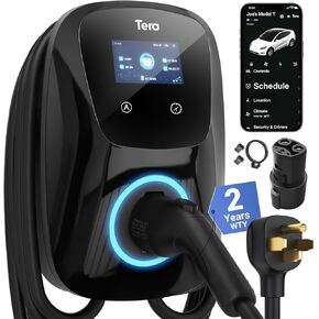 Tera for Tesla Electric Vehicle (EV) Charger: Level 2 J1772 2024 Upgraded ETL Certified 48A with Manual Setting Amps & Schedule on Unit 240V - 5 Years Warranty - 25 FT Cable NEMA 14-50P W01 Silver