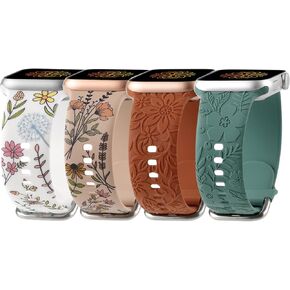 Flower Engraved Print Bands Compatible with Apple Watch Band 40mm 41mm 38mm 42mm 44mm 45mm 49mm Women, Fancy Soft Silicone Sport Strap For iWatch Series 9 Ultra 2 SE Ultra 8 7 6 5 4 3 2 1