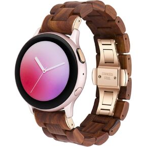 Wooden Band 20mm, Compatible for Samsung Galaxy Watch/Gear S2 S3/ Active/Active 2, Natural Wood Red Sandalwood Stainless Steel Link Bracelet Strap for Samsung Galaxy Watch 40/42/44mm