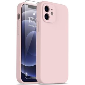 FUNMIKO Designed for iPhone 12 Case with Screen Protector,Complete Protection with Enhanced Camera Lens Cover,Soft Silky Silicone Protective Phone Case for iPhone 12 6.1",Elegant Pink