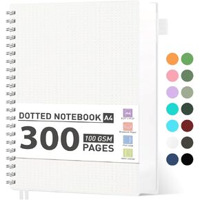 AHGXG Bullet Dotted Journal Spiral Notebook - Large A4 Dotted Notebook 8.5''×11'', 300 Pages Dot Grid Notebook, 100gsm Thick Paper, Plastic Hardcover, with Journal Stencils - Blue