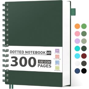 AHGXG Bullet Dotted Journal Spiral Notebook - دفتر ملاحظات كبير منقط مقاس A4 مقاس 8.5 بوصة × 11 بوصة، دفتر ملاحظات شبكي من 300 صفحة، ورق سميك 100 جرام في المتر المربع، غلاف بلاستيكي مقوى، مع استنسل للمجلة - أزرق غامق
