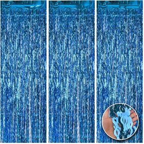 USCNC 3 Pack Wavy Foil Fringe Curtain - 3.3x6.6 Feet for Light Blue Fringe Backdrop for Bachelorette Party Decorations, Light Blue Party Decorations, Birthday Decorations (Light Blue)