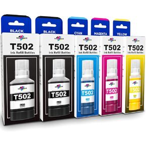 502 Ink Refill Bottles for Ecotank ET-2850 ET-3850 ET-2760 ET-3760 ET-15000 ET-4760 ET-4850 ET-2750 ET-3700 ET-3750 ET-3830 ET-2700 Printers, High Capacity T502 502 EcoTank Printer Ink Refills