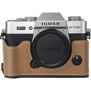 X-T30 Case, BMAOLLONGB Handmade PU Carbon Fibre Leather Half Camera Case Bag Cover Bottom Opening Version for Fujifilm X-T30 XT30 with Hand Strap (White)