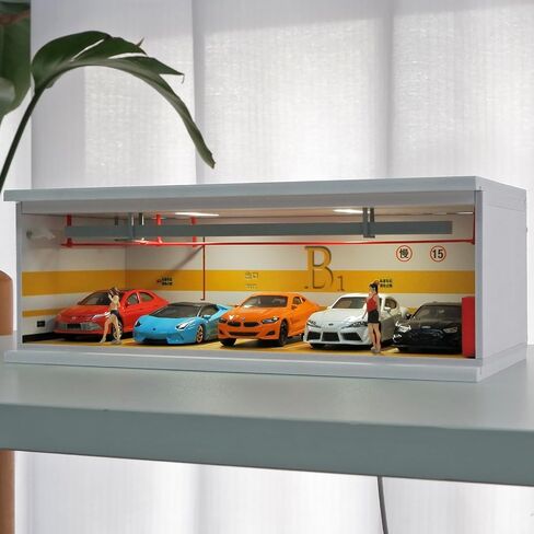 علبة عرض خالية من التجميع للعجلات الساخنة 1:64 نموذج Diecast عرض سيارة ديوراما موقف سيارات مصغر مشهد المرآب علبة الثقاب سيارات لعبة تخزين الغبار مع أضواء USB (أزرق) in Kuwait