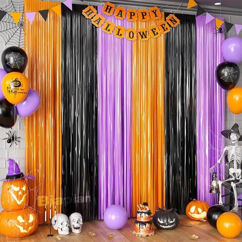 2 Packs Halloween Metallic Tinsel Curtains, Orange Purple Black Foil Fringe Curtains Door Wall Windows Hanging for Home Outdoor Halloween Birthday Party Photo Booth Props Decorations (3.3ft X 6.6ft) in Saudi Arabia