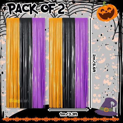 2 Packs Halloween Metallic Tinsel Curtains, Orange Purple Black Foil Fringe Curtains Door Wall Windows Hanging for Home Outdoor Halloween Birthday Party Photo Booth Props Decorations (3.3ft X 6.6ft) in Saudi Arabia