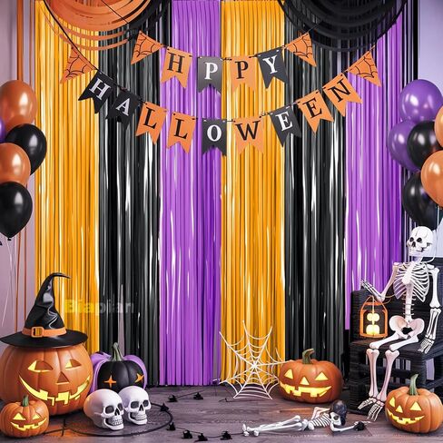 2 Packs Halloween Metallic Tinsel Curtains, Orange Purple Black Foil Fringe Curtains Door Wall Windows Hanging for Home Outdoor Halloween Birthday Party Photo Booth Props Decorations (3.3ft X 6.6ft) in Saudi Arabia