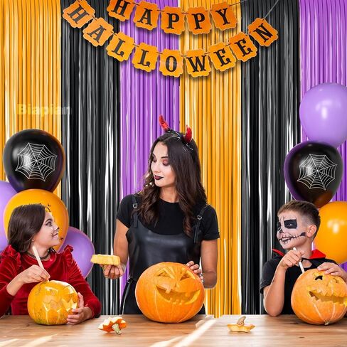 2 Packs Halloween Metallic Tinsel Curtains, Orange Purple Black Foil Fringe Curtains Door Wall Windows Hanging for Home Outdoor Halloween Birthday Party Photo Booth Props Decorations (3.3ft X 6.6ft) in Saudi Arabia