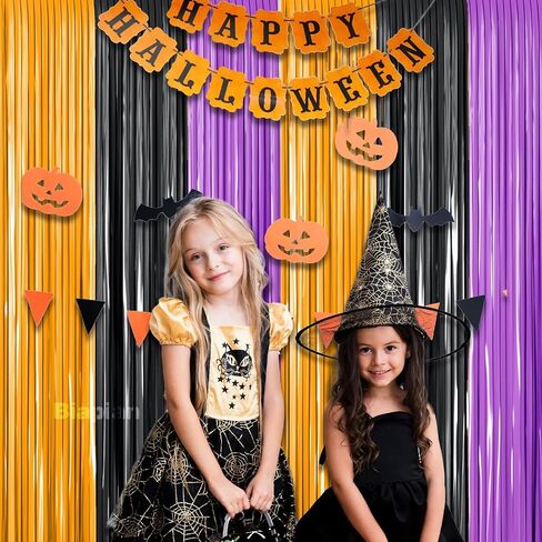 2 Packs Halloween Metallic Tinsel Curtains, Orange Purple Black Foil Fringe Curtains Door Wall Windows Hanging for Home Outdoor Halloween Birthday Party Photo Booth Props Decorations (3.3ft X 6.6ft) in Saudi Arabia