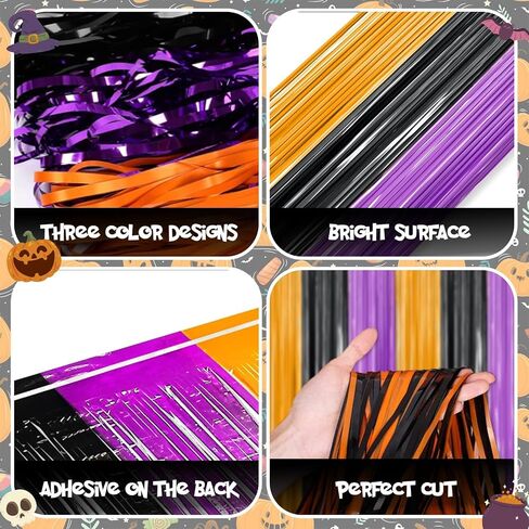2 Packs Halloween Metallic Tinsel Curtains, Orange Purple Black Foil Fringe Curtains Door Wall Windows Hanging for Home Outdoor Halloween Birthday Party Photo Booth Props Decorations (3.3ft X 6.6ft) in Saudi Arabia