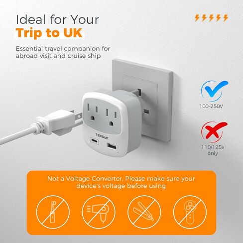 Australia New Zealand Power Plug Adapter, TESSAN Type I Travel Adaptor with 2 Electrical Outlets 2 USB Ports (1 USB C), Power Adapter for US to China Australian Argentina Fiji Cook Islands AU in Saudi Arabia
