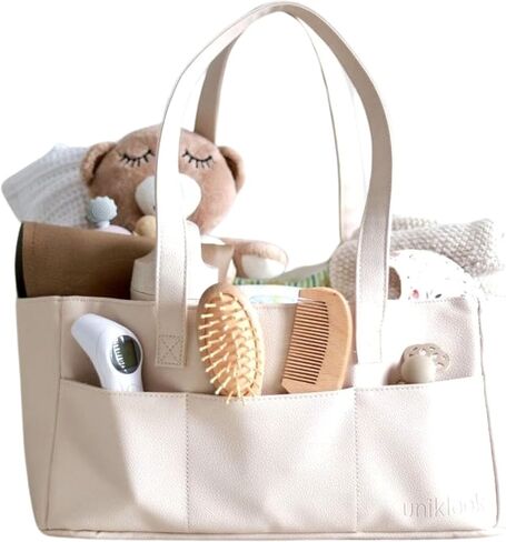سلة تنظيم حفاضات الأطفال من الجلد النباتي من Uniklook، سلة تخزين، سلة للحفاضات والمناديل المبللة، عربة حمل لمعدات الأطفال للفتيات والفتيان، تخزين الحضانة (بلاك) in Kuwait