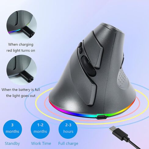 Wireless Mouse, Vertical Ergonomic Mouse 2.4G Bluetooth Dual Mode 3 DPI Rechargeable Connect Multiple Devices Vertical Mouse 6 Buttons and RGB Lights Suitable for PC Laptop Computer(Black) in Saudi Arabia