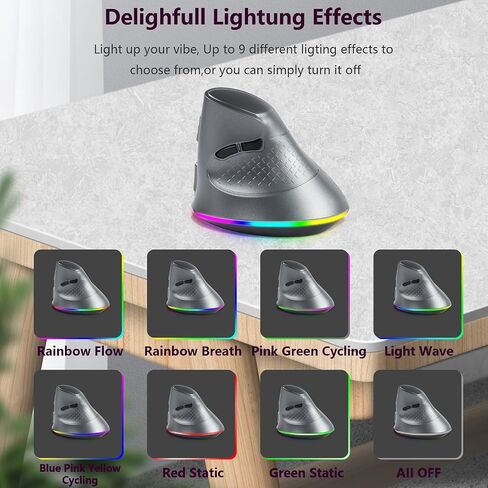 Wireless Mouse, Vertical Ergonomic Mouse 2.4G Bluetooth Dual Mode 3 DPI Rechargeable Connect Multiple Devices Vertical Mouse 6 Buttons and RGB Lights Suitable for PC Laptop Computer(Black) in Saudi Arabia