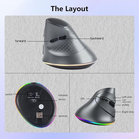 Wireless Mouse, Vertical Ergonomic Mouse 2.4G Bluetooth Dual Mode 3 DPI Rechargeable Connect Multiple Devices Vertical Mouse 6 Buttons and RGB Lights Suitable for PC Laptop Computer(Black) in Saudi Arabia