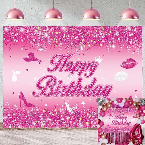 Pink Flash Birthday Backdrop 7x5FT Hot Pink Shining Sequins Happy Birthday Photography Background for Women Princess Girl Sweet 16 18th 21st 30th 40th Birthday Party Decorations Photo Props in Saudi Arabia