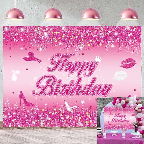 Pink Flash Birthday Backdrop 7x5FT Hot Pink Shining Sequins Happy Birthday Photography Background for Women Princess Girl Sweet 16 18th 21st 30th 40th Birthday Party Decorations Photo Props in Saudi Arabia