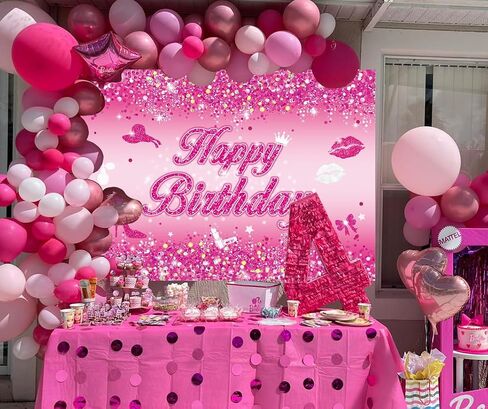 Pink Flash Birthday Backdrop 7x5FT Hot Pink Shining Sequins Happy Birthday Photography Background for Women Princess Girl Sweet 16 18th 21st 30th 40th Birthday Party Decorations Photo Props in Saudi Arabia
