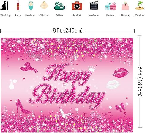 Pink Flash Birthday Backdrop 7x5FT Hot Pink Shining Sequins Happy Birthday Photography Background for Women Princess Girl Sweet 16 18th 21st 30th 40th Birthday Party Decorations Photo Props in Saudi Arabia