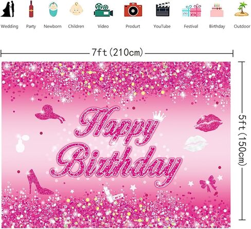 Pink Flash Birthday Backdrop 7x5FT Hot Pink Shining Sequins Happy Birthday Photography Background for Women Princess Girl Sweet 16 18th 21st 30th 40th Birthday Party Decorations Photo Props in Saudi Arabia