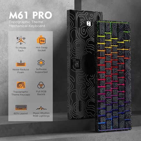 60% Percent Keyboard, Topographic Theme Keyboard, XVX M61 Pro Bluetooth/2.4GHz/USB-C Wireless Mechanical Gaming Keyboard, Hot Swappable Keyboard, Pre-lubed Switch Custom Keyboard RGB for Mac/Win in Saudi Arabia