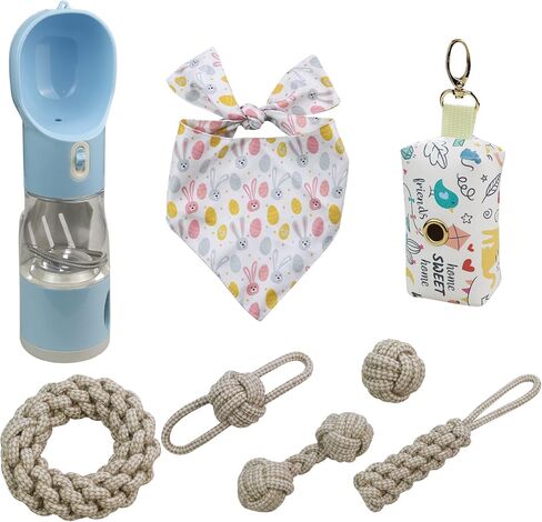 New Puppy Essentials - زجاجة مياه محمولة للكلاب 4 في 1 من KiiZYs - وشاح أخضر باندانا للكلب وردي - لعبة مضغ وسلة عيد ميلاد وإكسسوارات الحيوانات الأليفة in Saudi Arabia