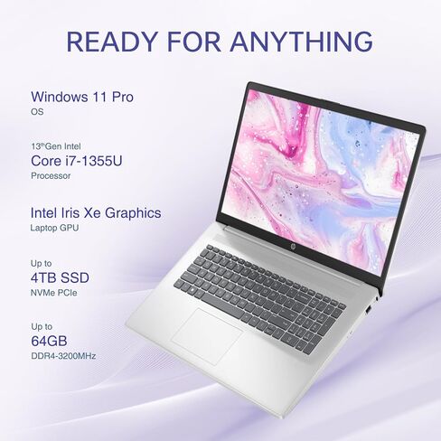 HP 17t Performance Business Laptop, 17.3" FHD Display, Intel Core i7-1355U, 64GB RAM, 2TB SSD, Fingerprint Reader, HDMI, Wi-Fi 6, Backlit KB, W11P, Silver, with ADATA 512GB External SSD Bundle in Saudi Arabia