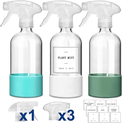 GMISUN Glass Spray Bottles for Cleaning, Spray Bottles for Cleaning Solutions 16oz, Reusable Spray Bottle for Plants, 4Pack Clear Cleaning Spray Bottle - 4 No Leak Nozzles, Silicone Sleeve, Labels in Saudi Arabia