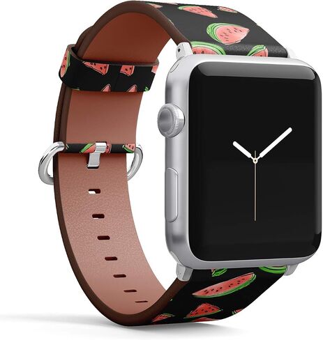 متوافق مع ساعة Apple (صغيرة 38 ملم/40 ملم) السلسلة 1،2،3،4 - سوار جلدي بديل لسوار المعصم - فاكهة البطيخ بألوان مائية in Saudi Arabia