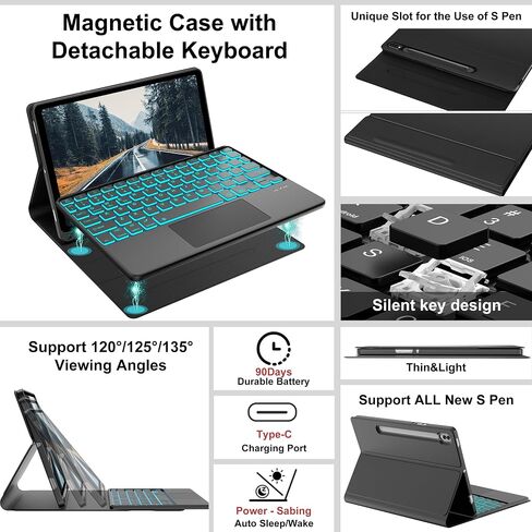 Samsung Galaxy Tab S9 Plus/S9 FE Plus 12.4" Keyboard Case | 7 Color Backlit | Detachable Wireless Bluetooth Keyboard | S Pen Holder | Smart Folio Cover for Tab S9+/S9fe+ SM-X810/X816B/X818U/X610/X616B in Saudi Arabia