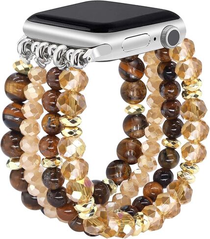 سوار JR.DM من الحجر الطبيعي مطرز بالخرز متوافق مع Apple Watch Series 9 8 7 6 5 4 3 2 1، خرز مطاطي مصنوع يدويًا حزام بوهو فاخر لسوار iWatch 38/40/41/42/44/45/49 مم للنساء in Kuwait