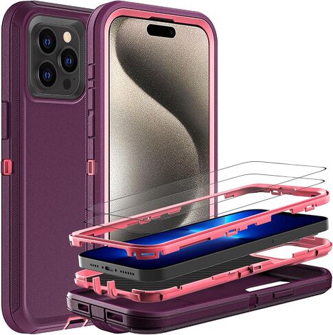 for iPhone 15 Pro Max Case, Military Grade 3 in 1 Heavy Duty Shockproof/Drop Proof/Dust Proof Case with 2Pcs Tempered Glass Screen Protector (Black/Grey) in Saudi Arabia