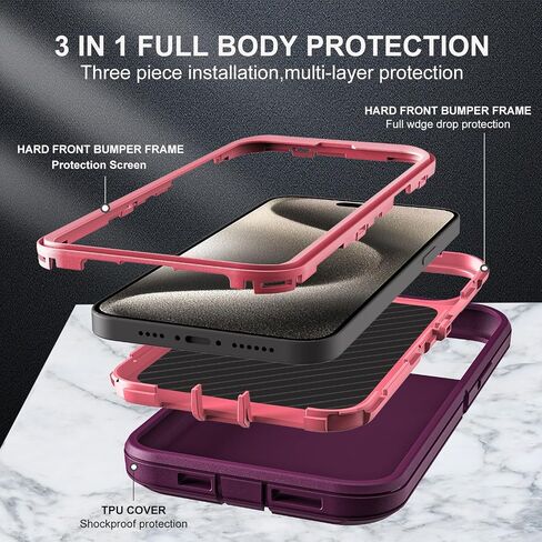 for iPhone 15 Pro Max Case, Military Grade 3 in 1 Heavy Duty Shockproof/Drop Proof/Dust Proof Case with 2Pcs Tempered Glass Screen Protector (Black/Grey) in Saudi Arabia